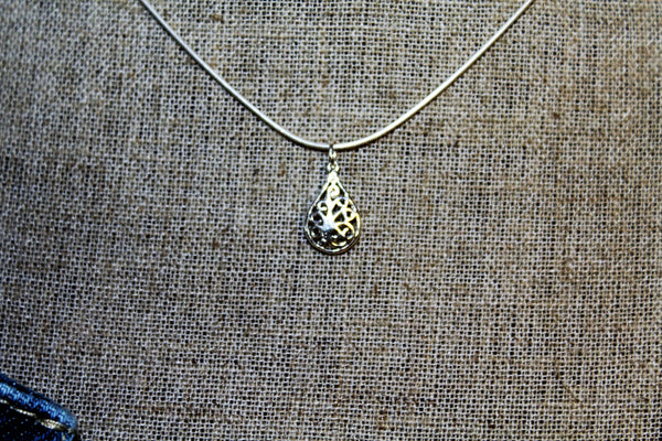 Sterling silver filigree teardrop on a 16" sterling silver snake chain